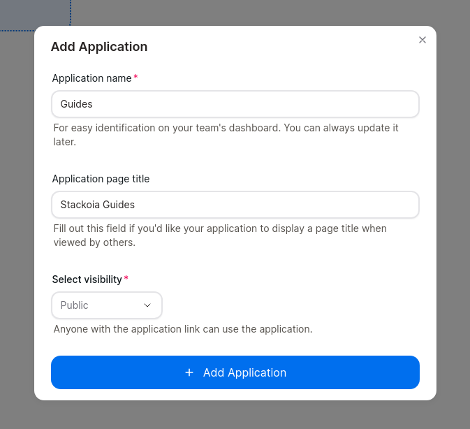 Stackoia create application modal